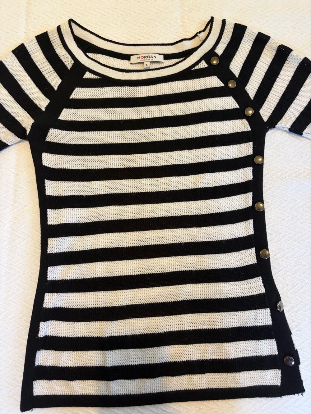 Morgan de Toi Black and White Striped Crewneck Sweater with Side Buttons